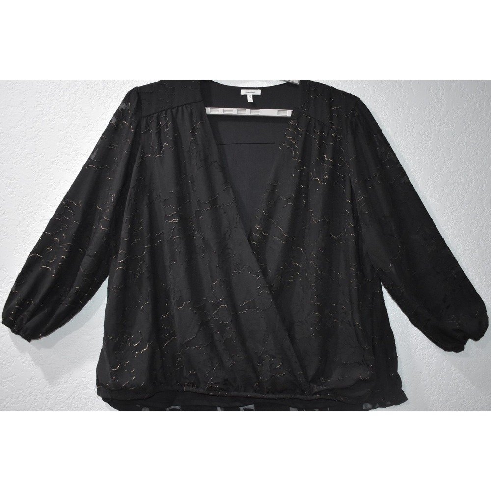 Maurices‎ 3X Dressy Top Black w/Gold Shimmer Artsy Faux Wrap Blouse Long Sleeve
